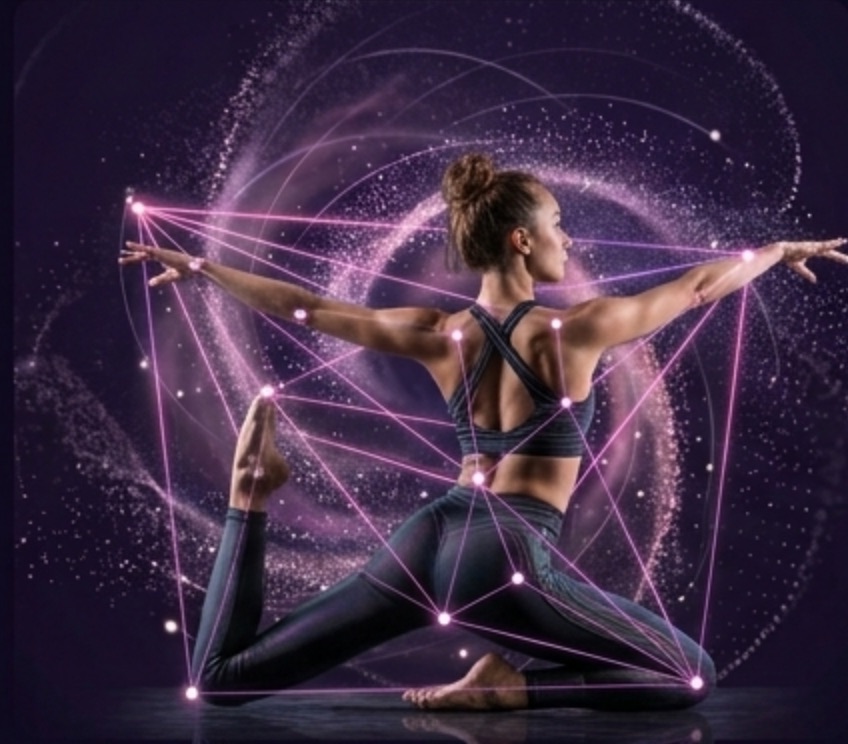 A dancer with AI pose tracking overlaid