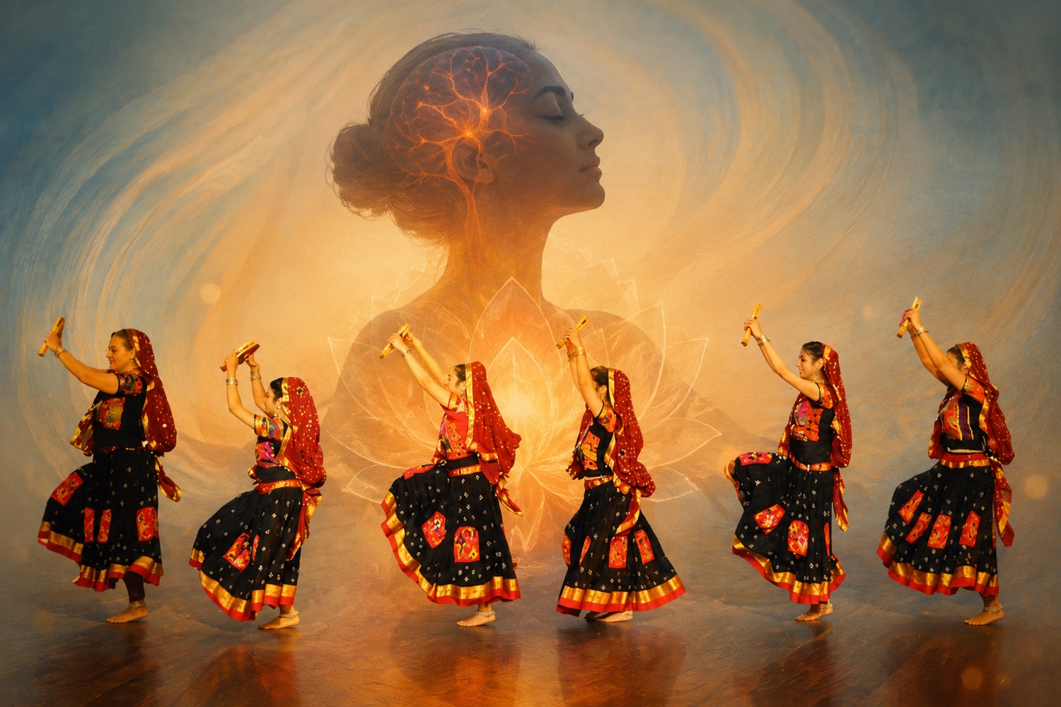 A line of folk dancers mid-routine, with a glowing brain rendered behind them
