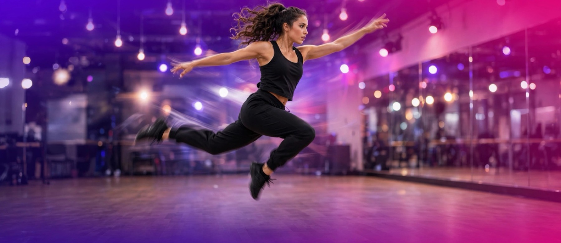 A dancer mid-leap in a mirrored studio