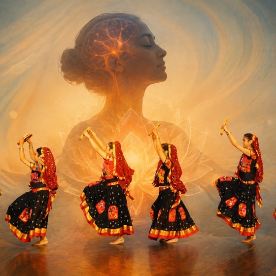 Folk dancers with a glowing brain rendered behind them